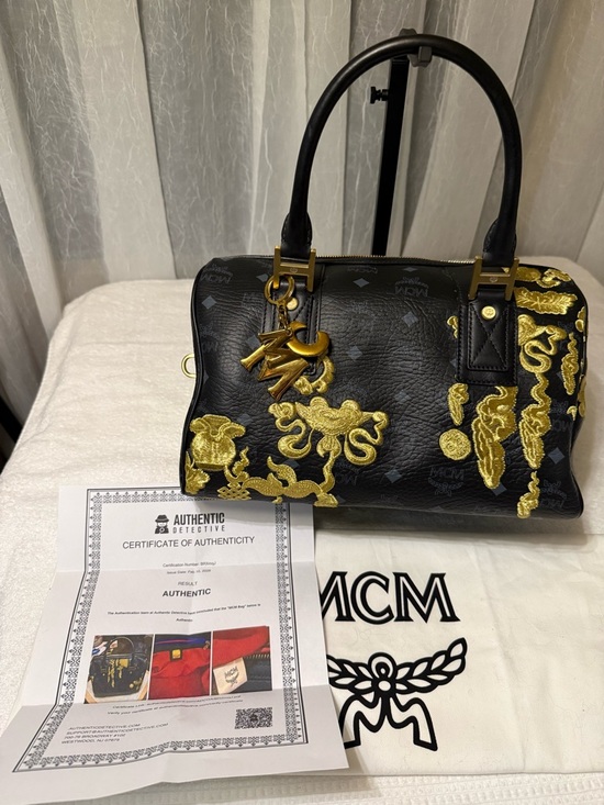 MCM Handbags - *RARE* MCM Black Leather Speedy 30,  Gold Embroidered Accents and Red/Navy Trim
